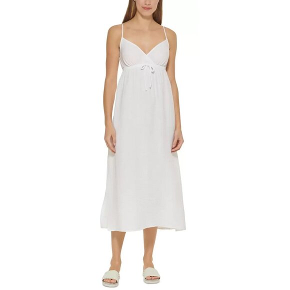 NWTDKNY Women's V Neck Front Tie Maxi Dress Cover Up Swimsuit White Size Large - Picture 1 of 4